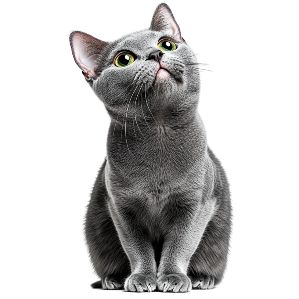 Curious gray cat looking upwards with big expressive eyes png