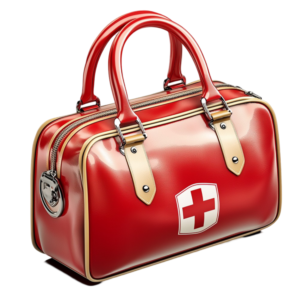 Red first aid medical bag with white crosses and a handle png