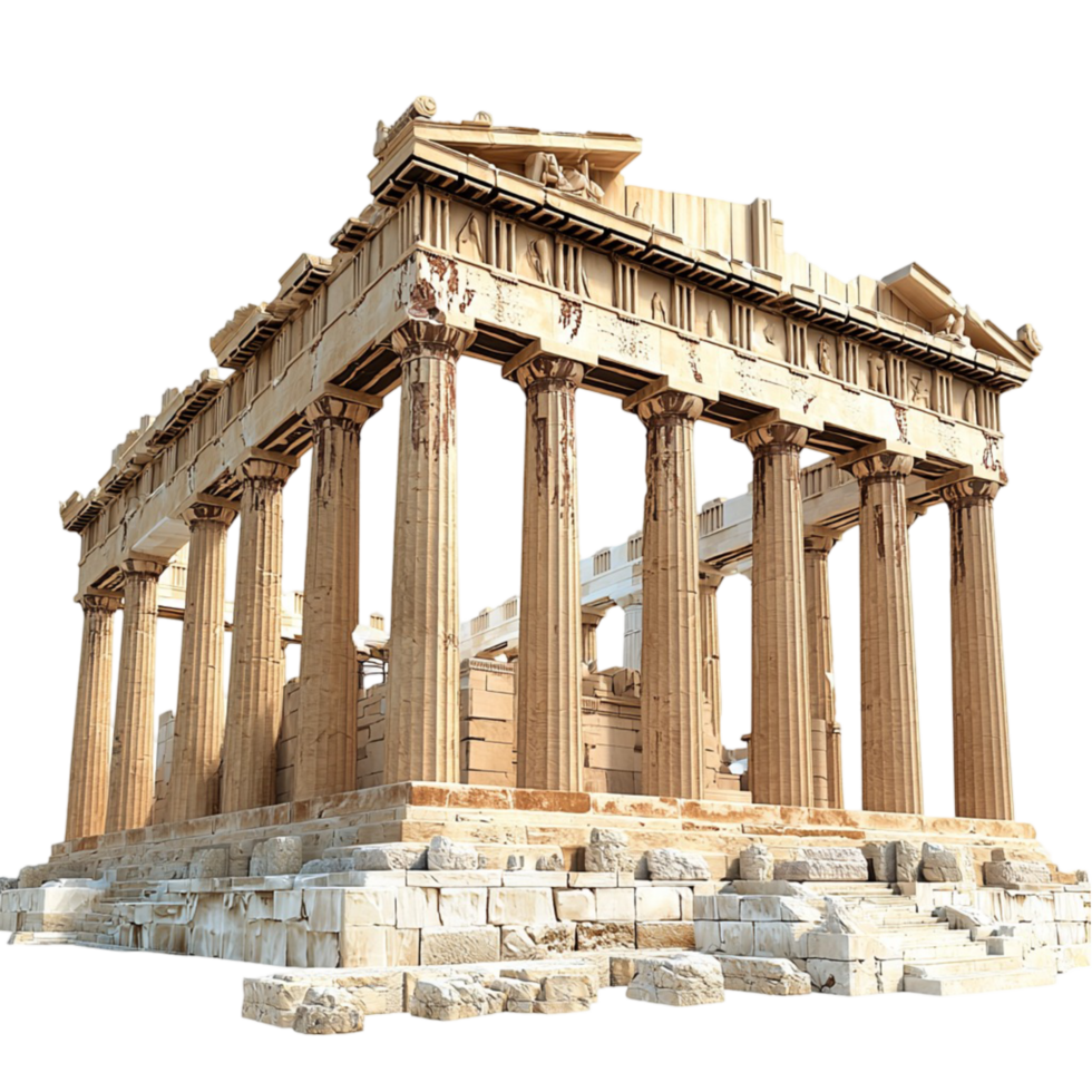 Ancient Greek temple with towering stone columns and a weathered structure png