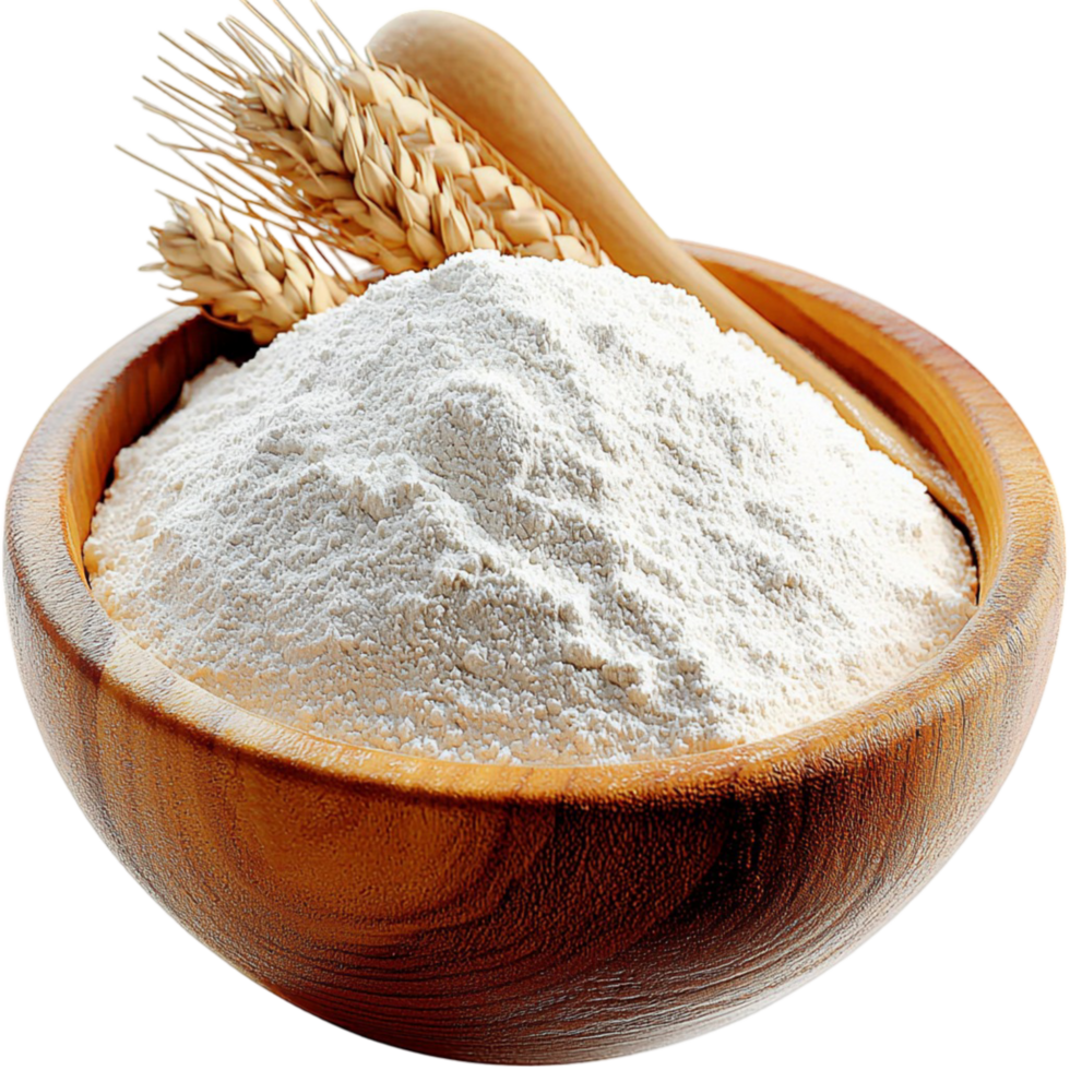 Wooden bowl filled with white flour and wheat png
