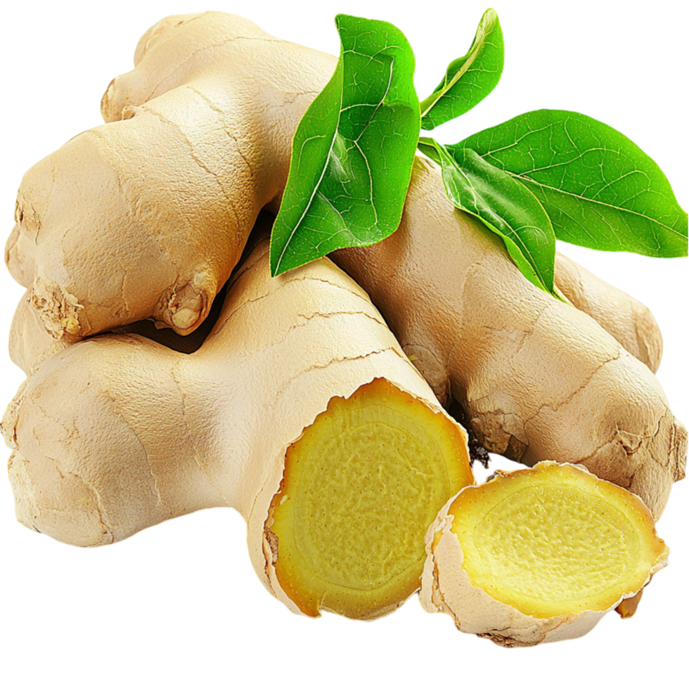 ginger root with green leaves and a sliced piece showing its texture png