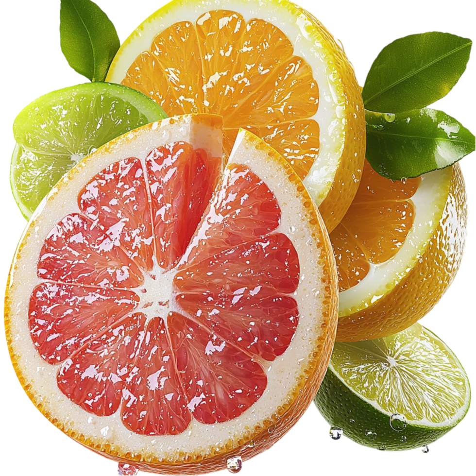 Sliced grapefruit with orange and lime wedges covered in water droplets png