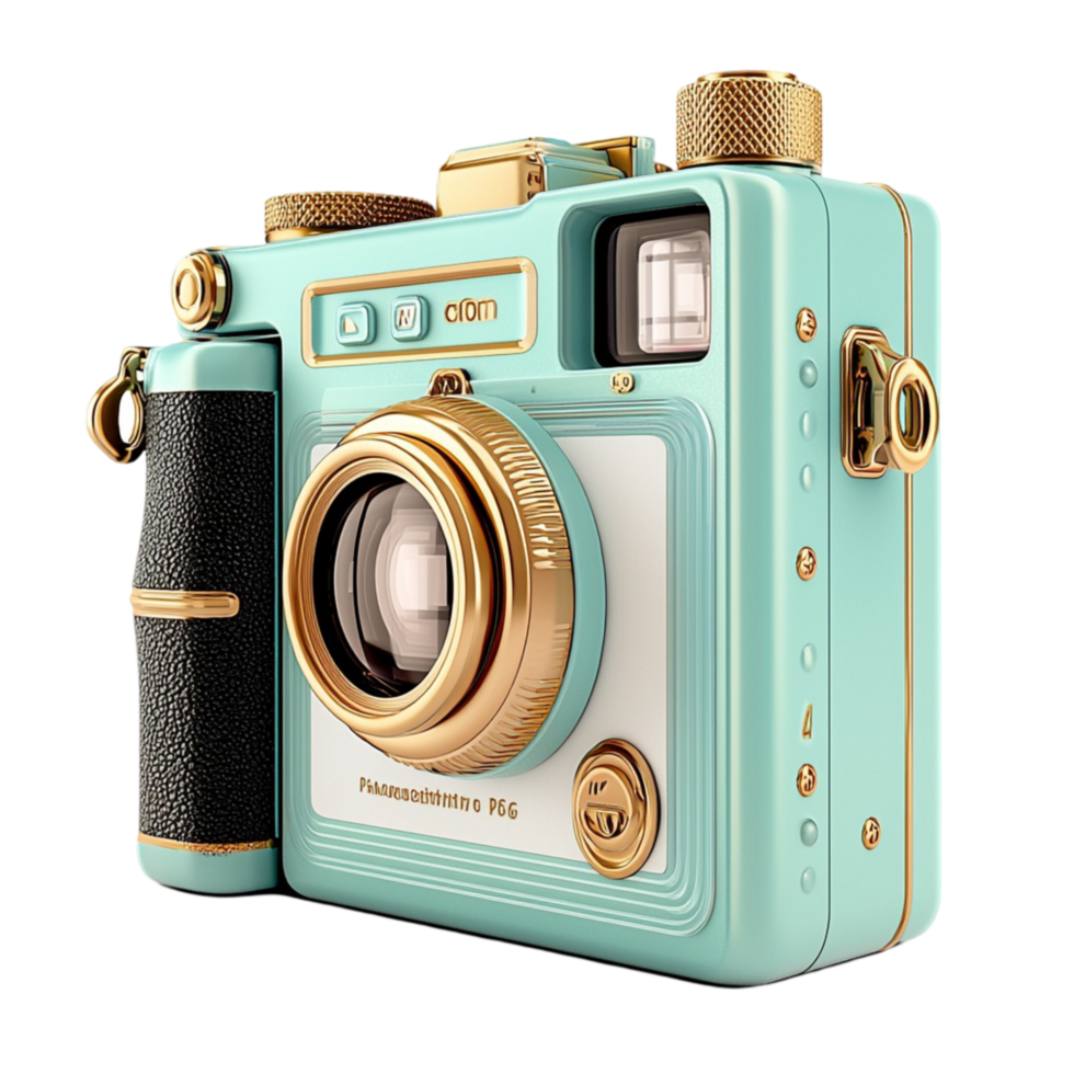 Vintage teal camera with gold details and a retro vibe png