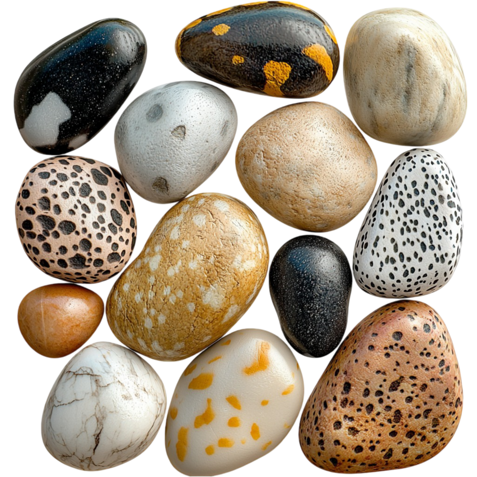 Collection of multicolored pebbles with unique patterns png