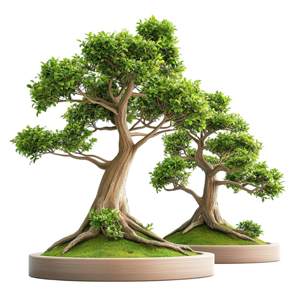 Lush green bonsai tree with twisted trunks and vibrant foliage png