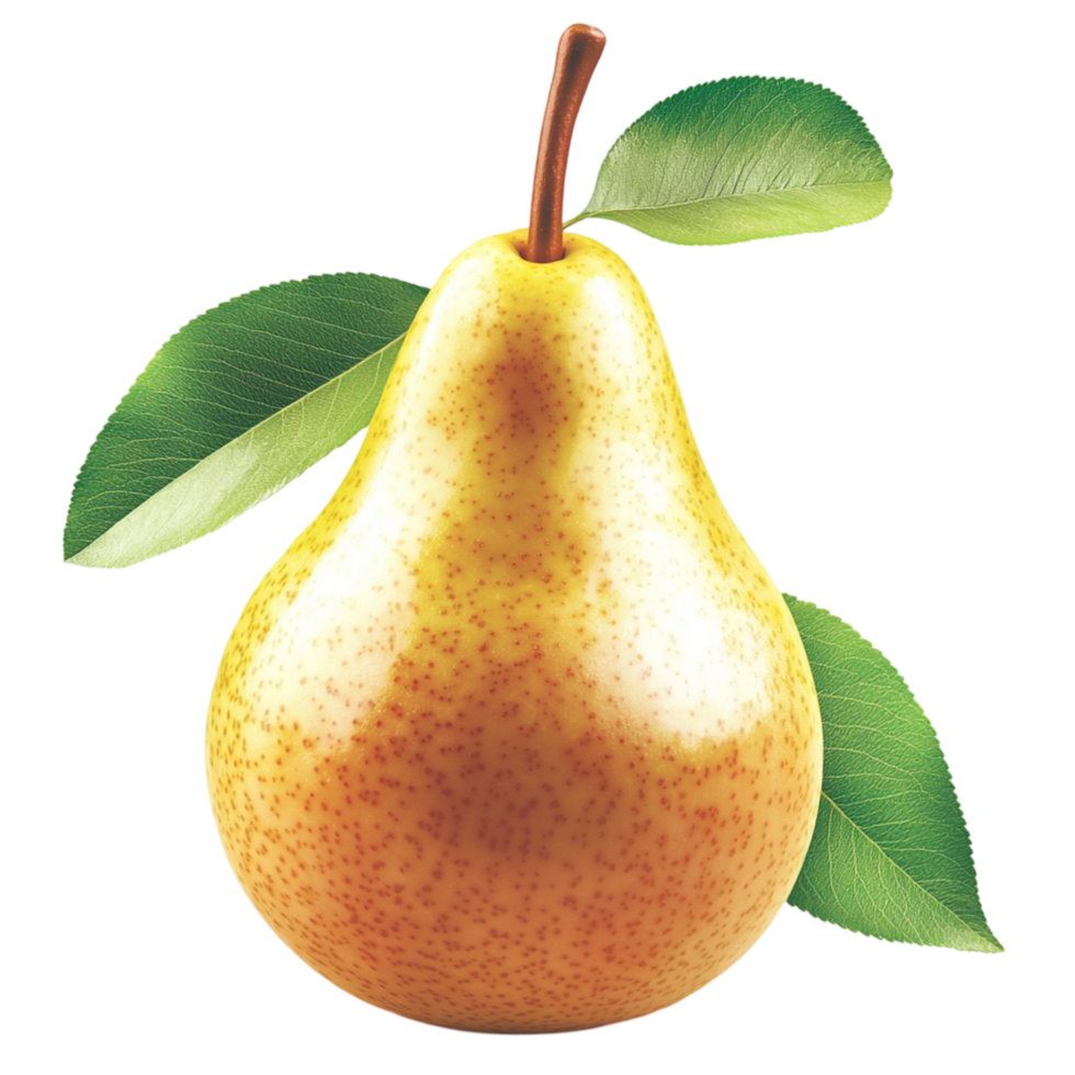 Ripe yellow pear with green leaves and a speckled skin png