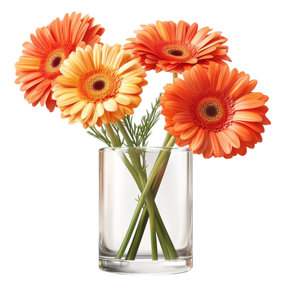 Clear glass vase with vibrant orange and yellow gerbera isies png