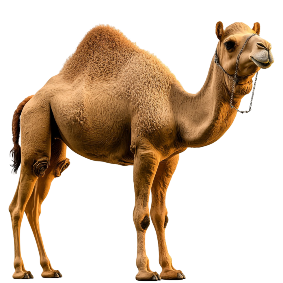 Majestic camel with a hump and a light brown coat standing on all fours png
