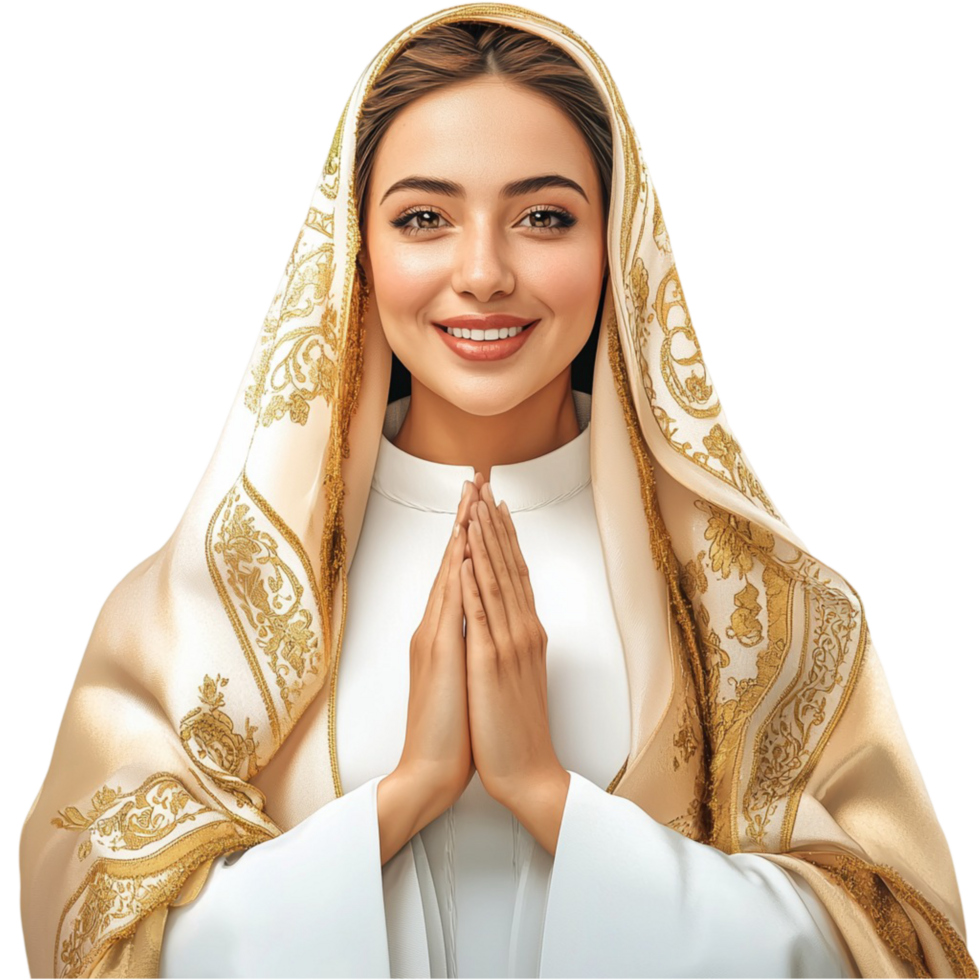Woman wearing a white scarf with a warm smile and folded hands png