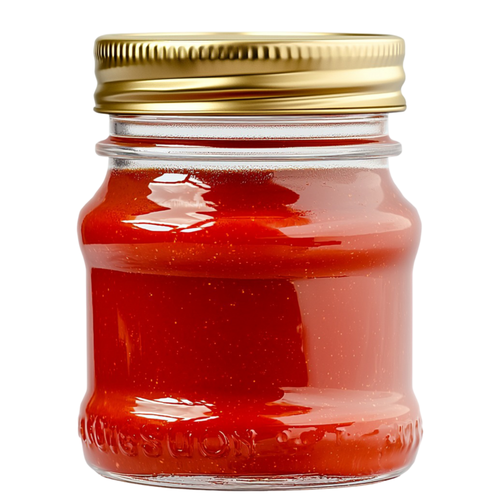 Small glass jar filled with vibrant red sauce and a golden lid png