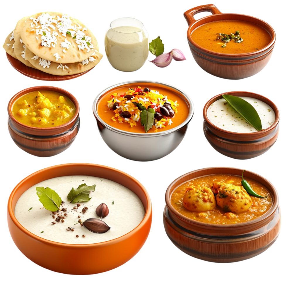 Assorted Indian dishes with colorful curries bread and yogurt in clay bowls png