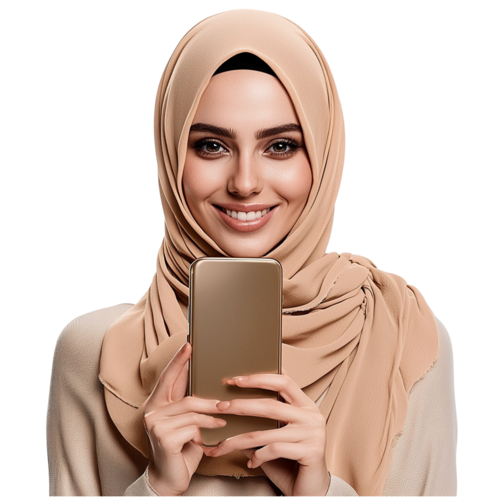 Smiling woman wearing a beige hijab and holding a smartphone png
