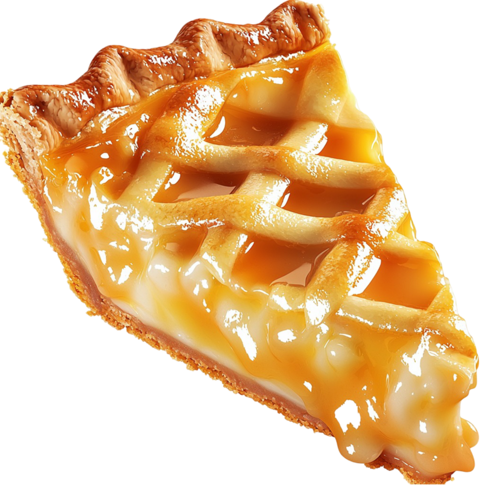 Slice of caramel apple pie with a golden lattice crust and sweet filling png
