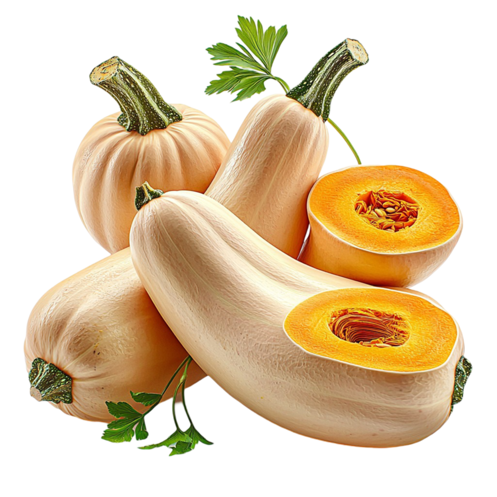 Butternut squashes with one cut open revealing orange flesh png