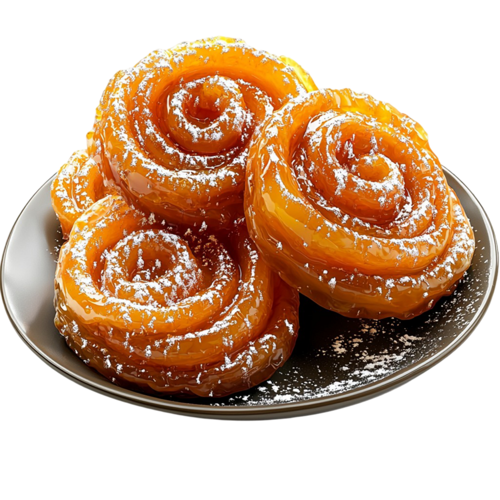 Golden sweet pastries with a spiral shape and powdered sugar png