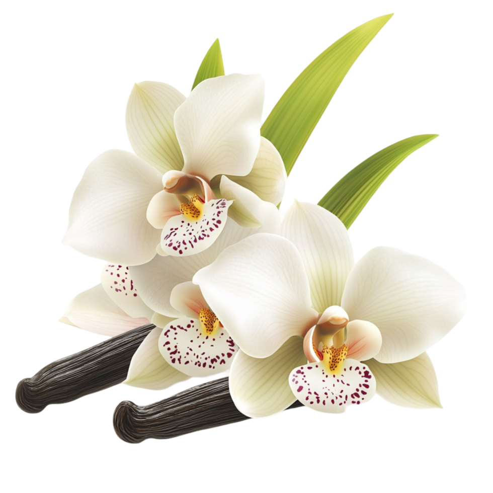 White vanilla orchids with delicate petals and rk aromatic vanilla pods png