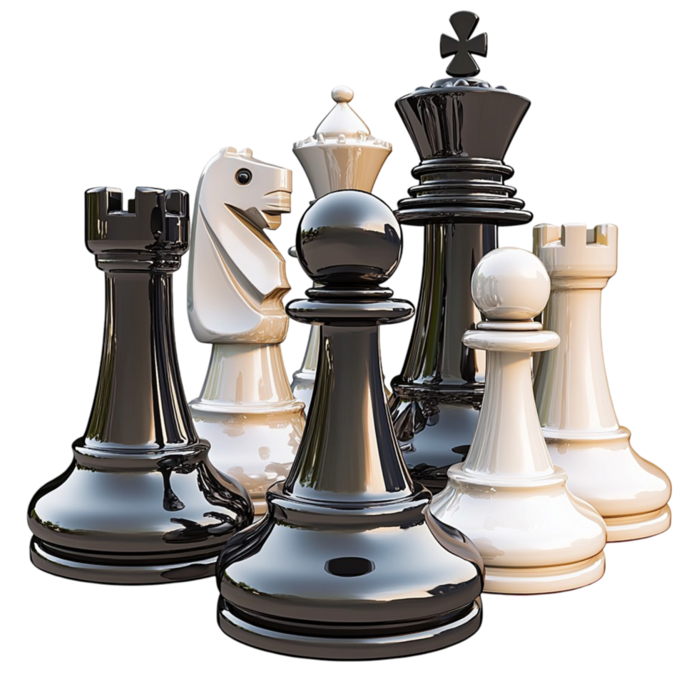 Chess pieces arranged in a strategic position with black and white contrast png