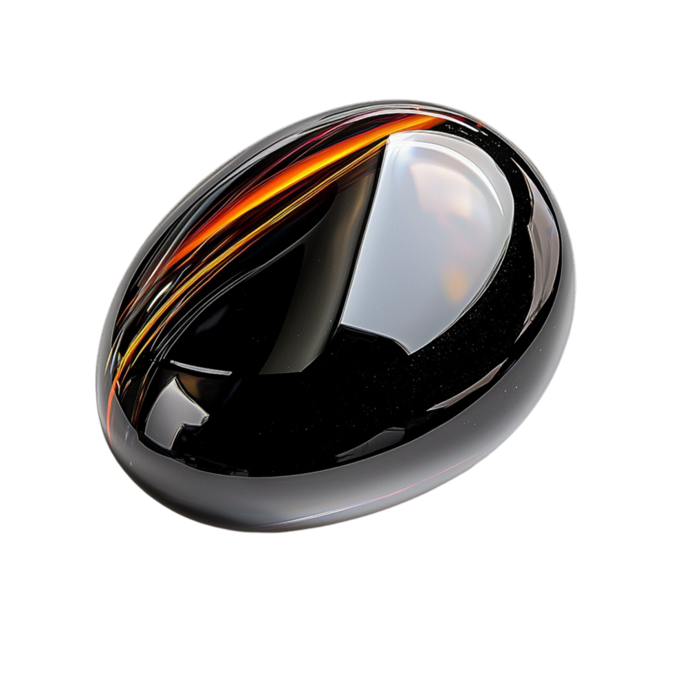 Polished black gemstone with a glossy surface and amber streak png