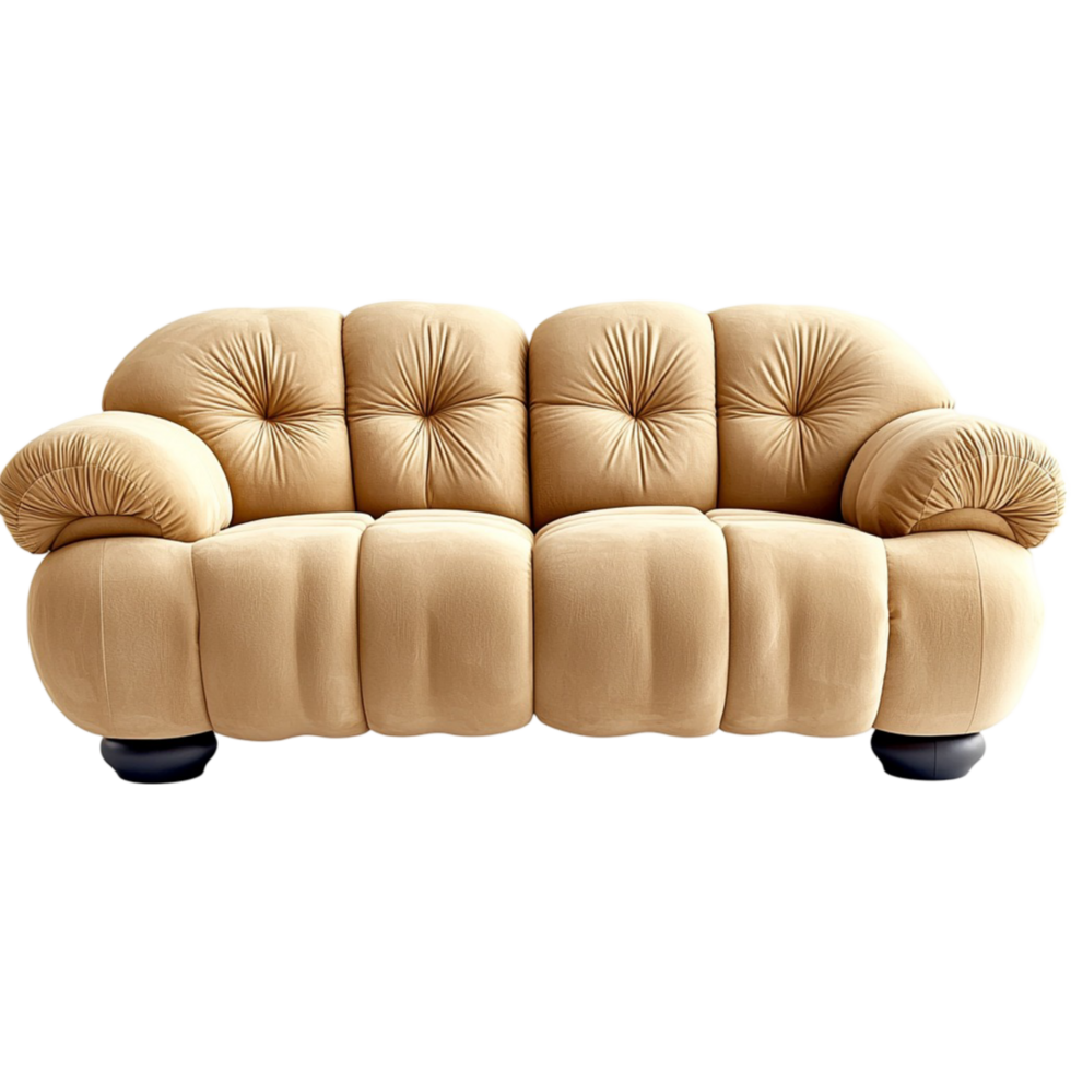 Plush beige sofa with deep cushions and a rounded design png