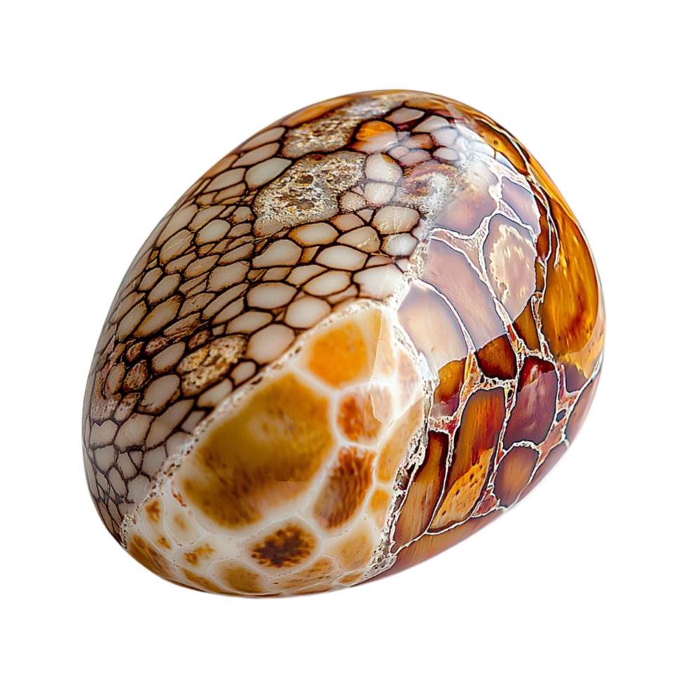 Polished oval gemstone with a mosaic of honey and white hexagonal patterns png