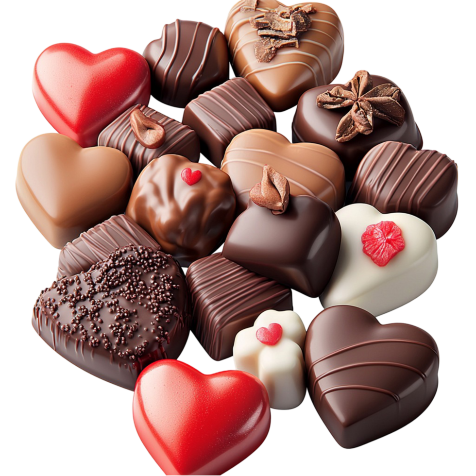 Assorted heart shaped and chocolate pralines with textures png