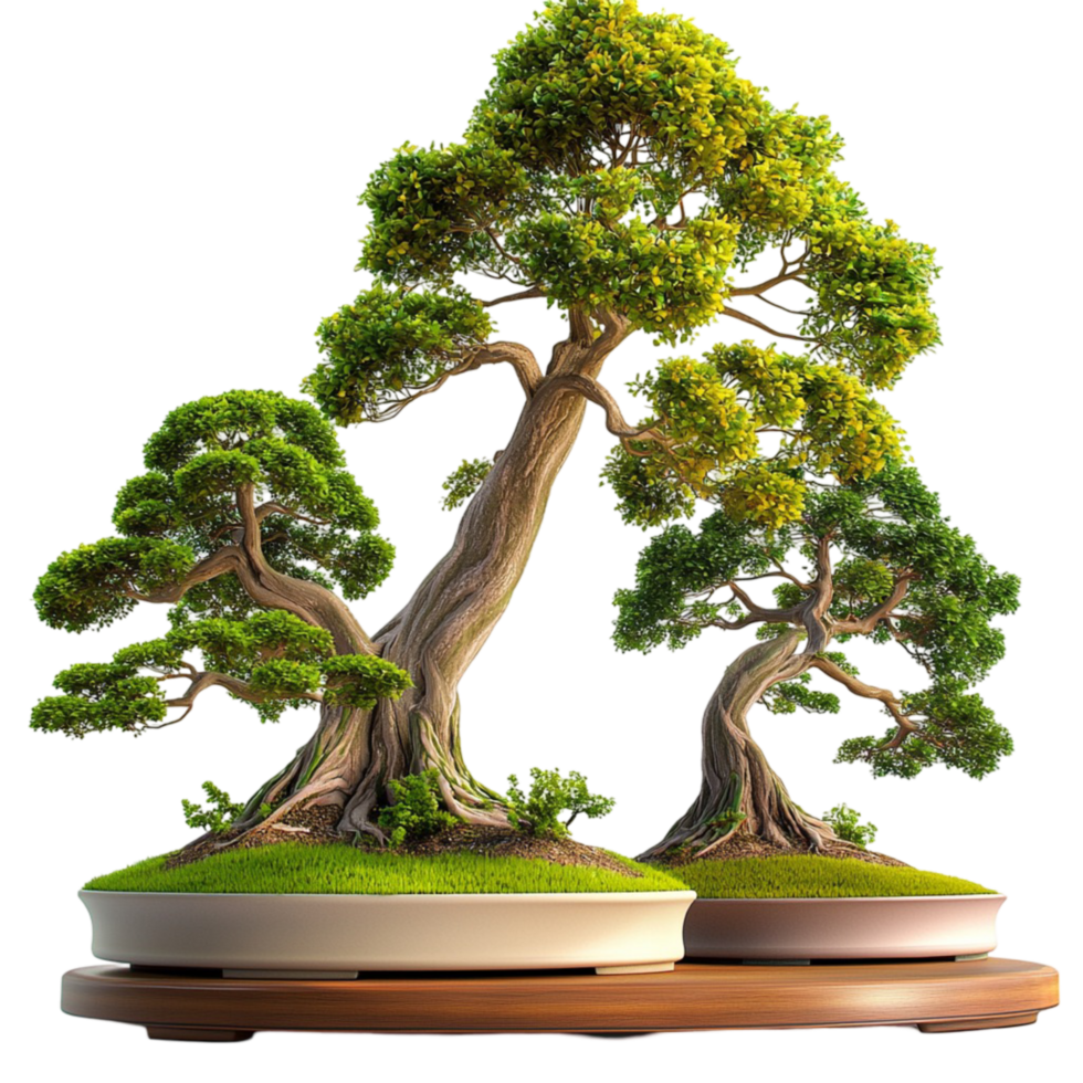 Beautiful bonsai tree arrangement with twisted trunks and lush green foliage png