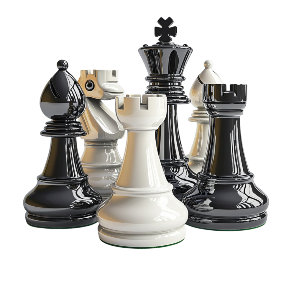 Chess pieces in black and white arranged in an intense strategic formation png