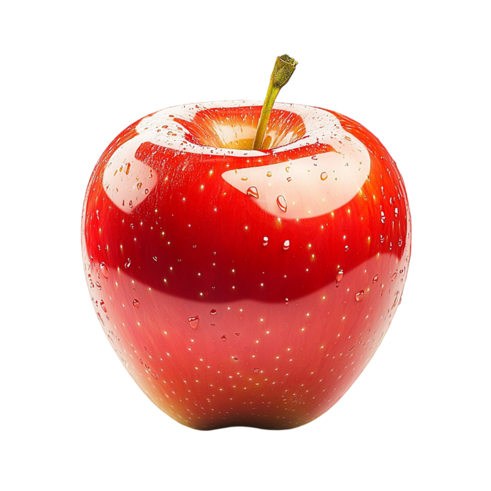 Shiny red apple with tiny white speckles and a green stem png