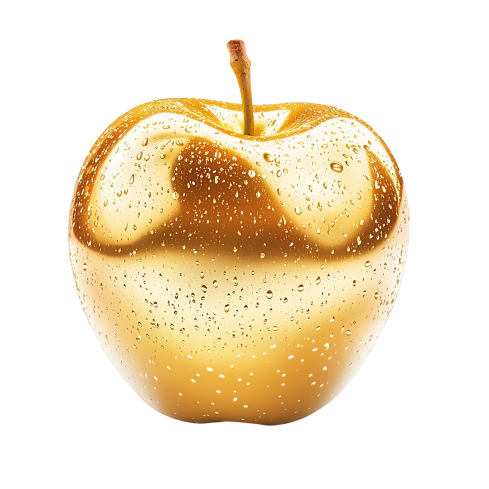 Golden apple with a sparkling metallic finish and a delicate stem png