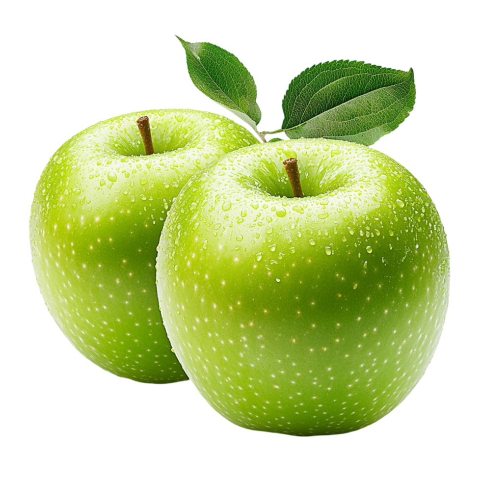 Two green apples with a shiny surface and attached leaves png