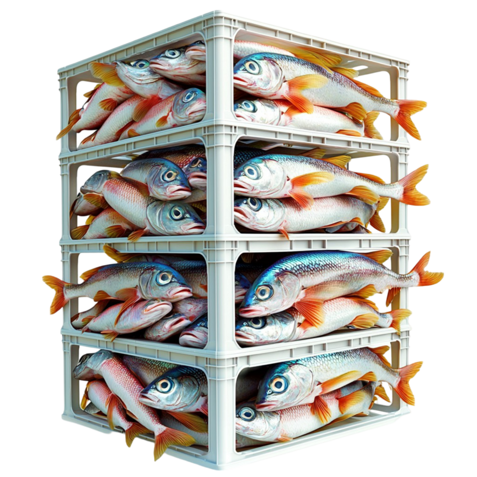 Stacked metal crates filled with silver fish with open eyes png
