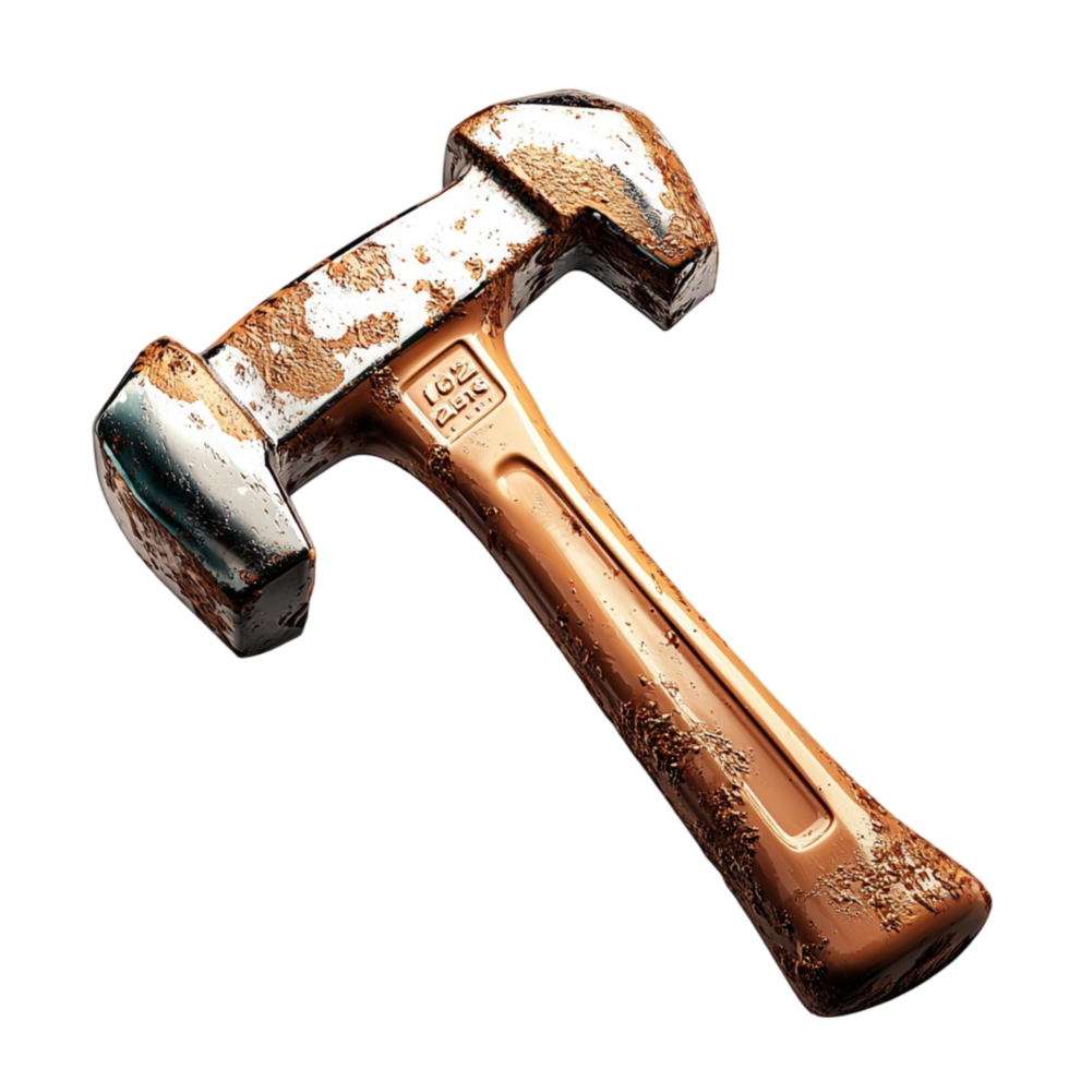 Heavy rusty hammer with a handle and a well worn metallic head png