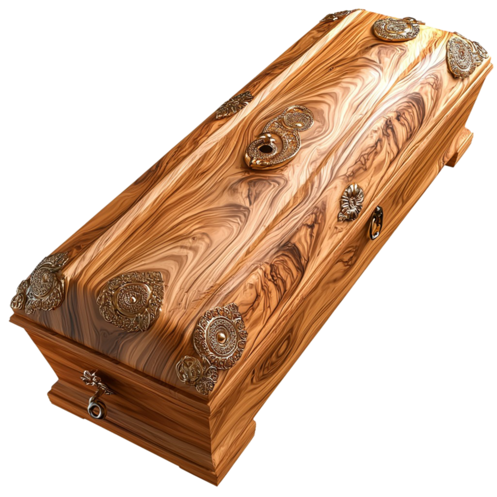 Ornate wooden coffin with intricate carvings and gold embellishments png