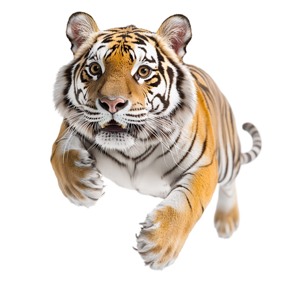 Powerful tiger leaping forward with intense focus and sharp claws png