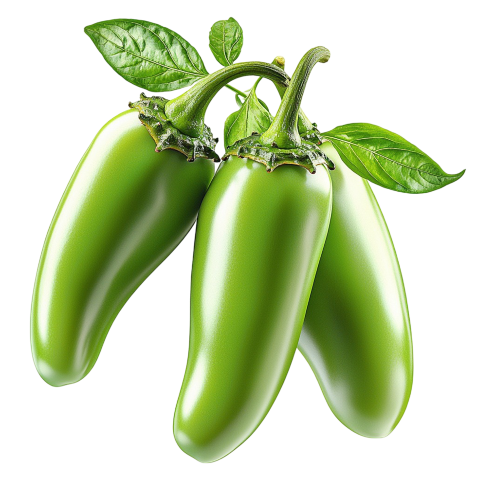 green chili peppers with a glossy texture and attached vibrant leaves png
