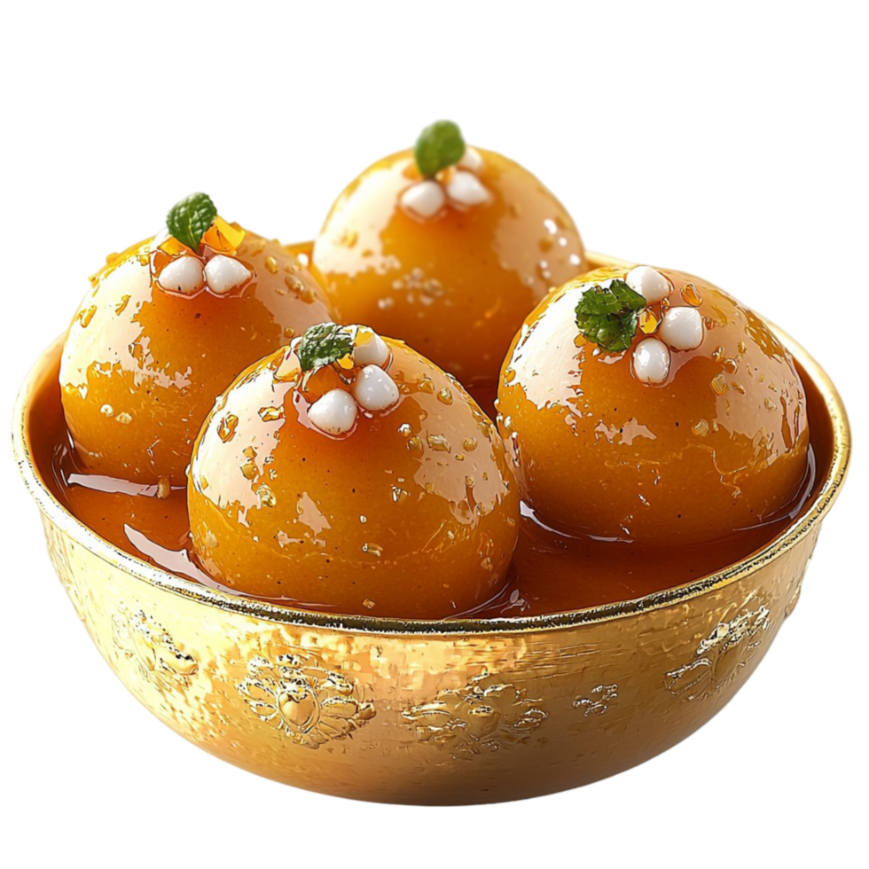 Traditional Indian gulab jamuns soaked in sugar syrup and garnished with nuts png