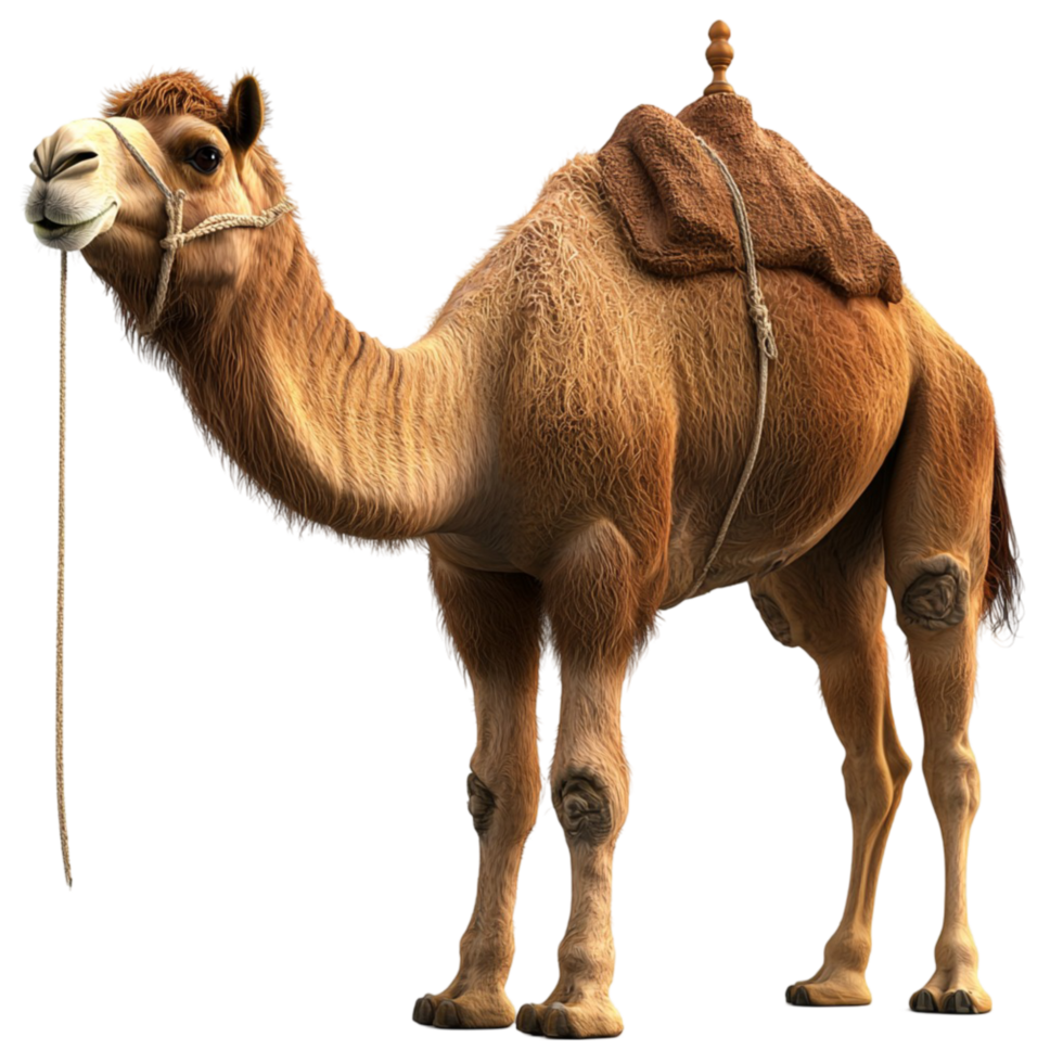 Majestic camel standing tall with a rope harness png