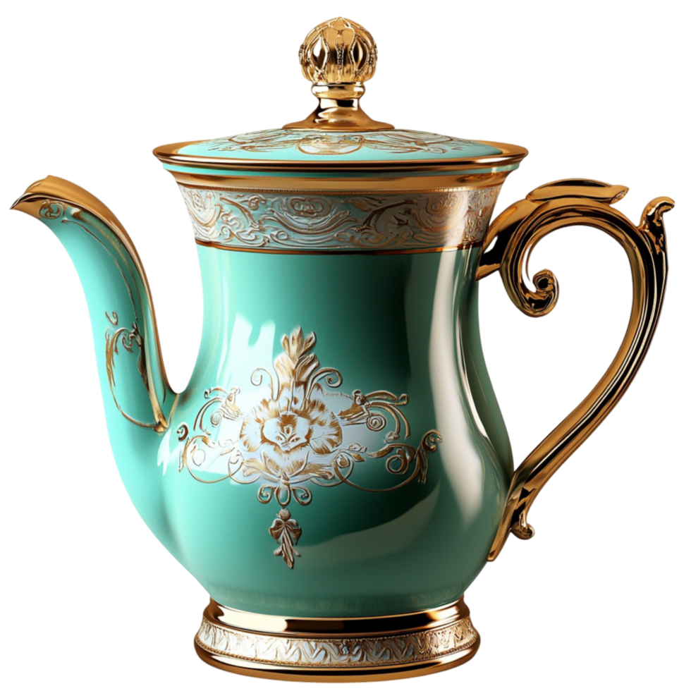 turquoise teapot with gold detailing and intricate design png
