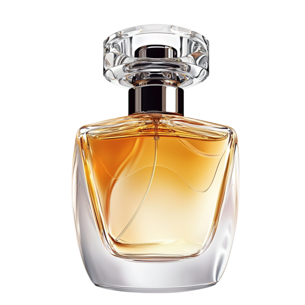 glass perfume bottle filled with ambercolored fragrance png
