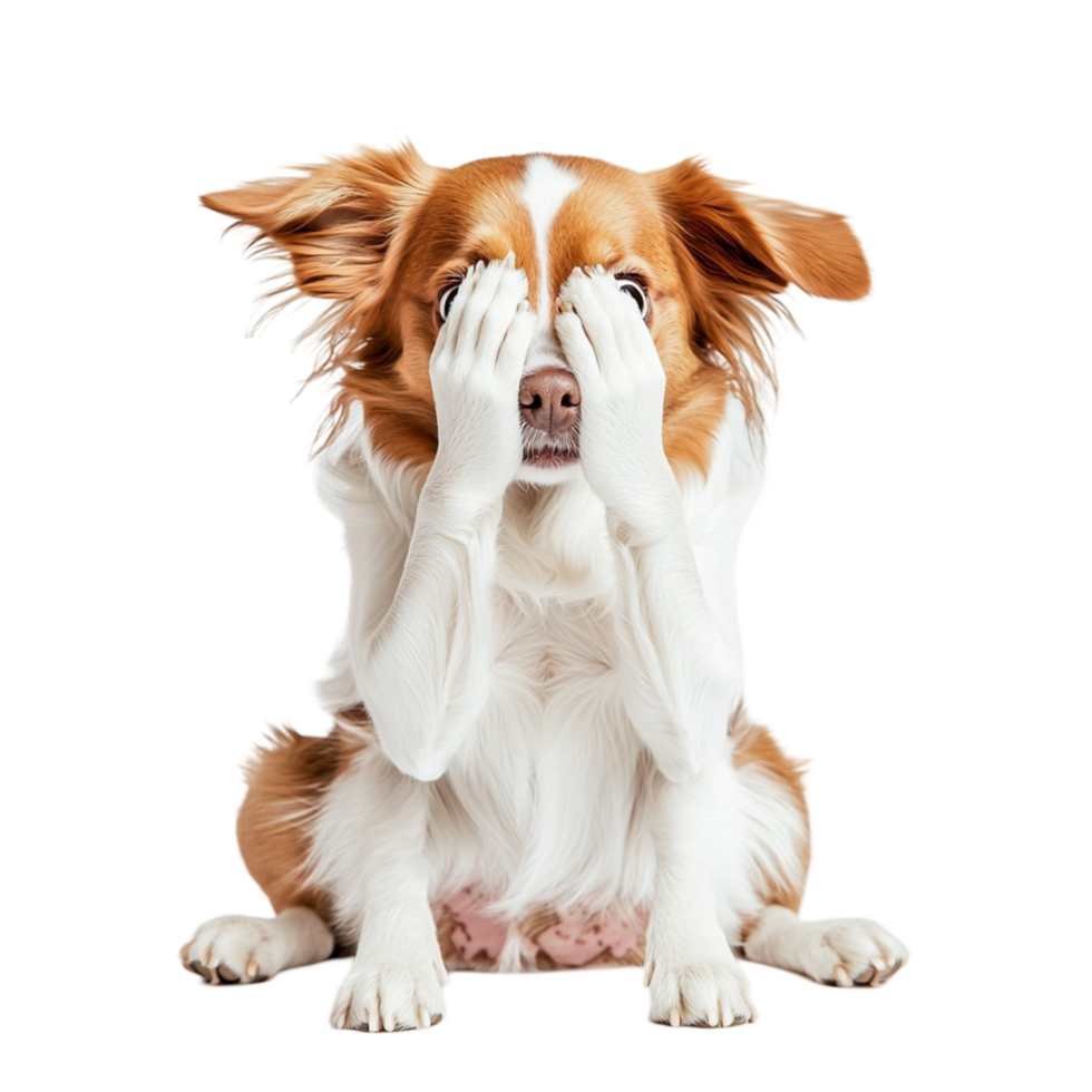 Cute brown and white dog covering its eyes with its fluffy paws png