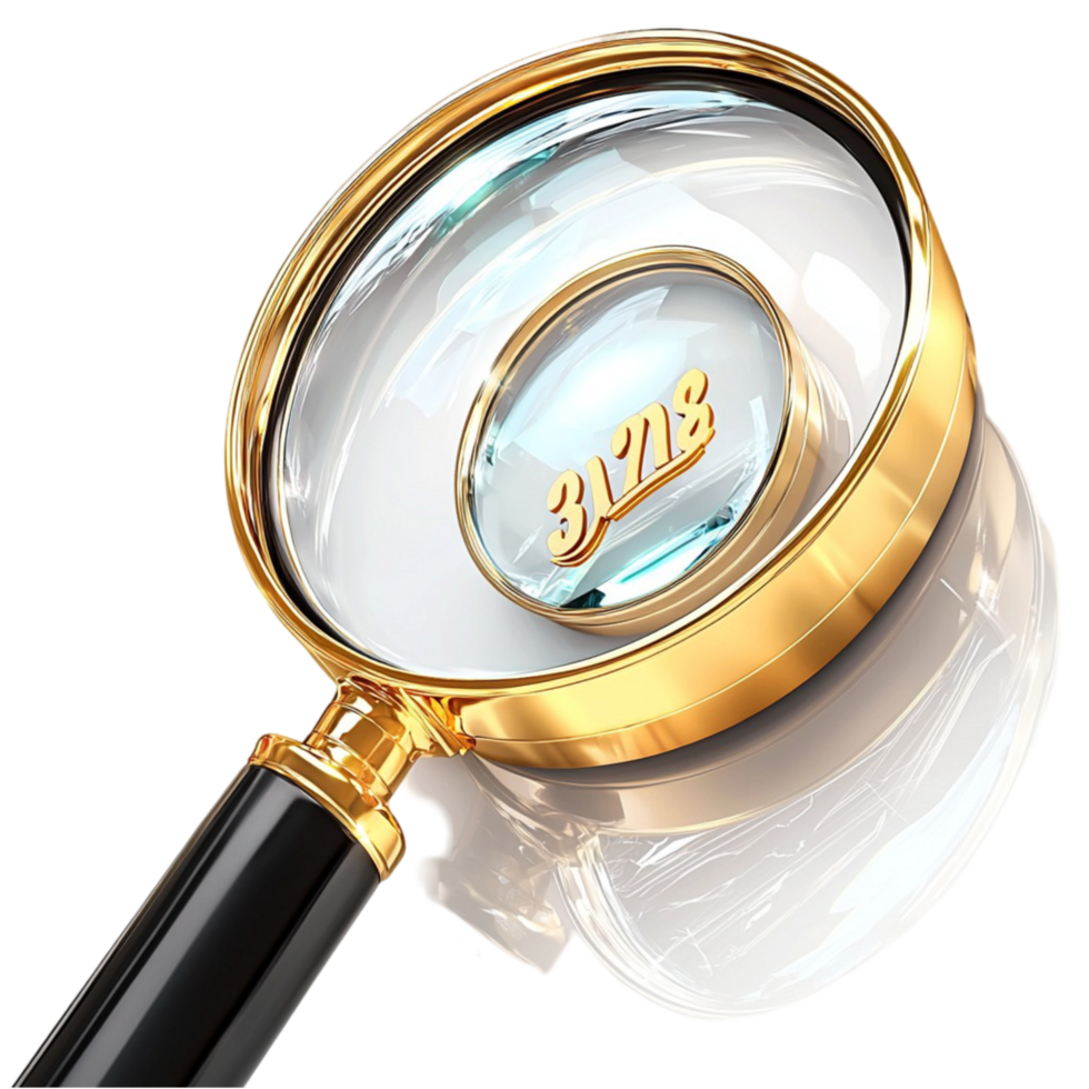 Gold magnifying glass with a black handle and a blue gemstone png