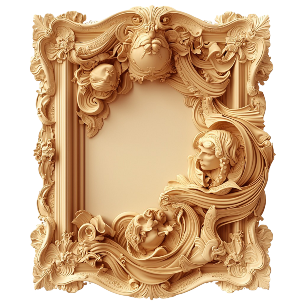 Ornate golden picture frame with intricate floral carvings png
