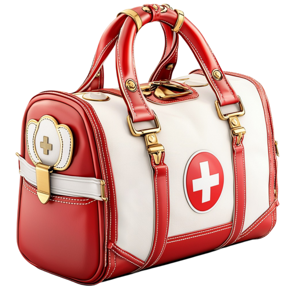 Red and white medical emergency bag with gold buckles and straps png