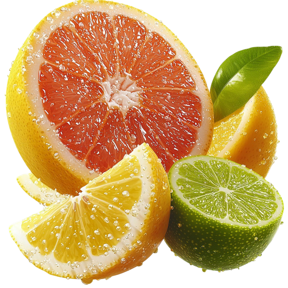 Juicy grapefruit lime and lemon slices covered in tiny droplets png