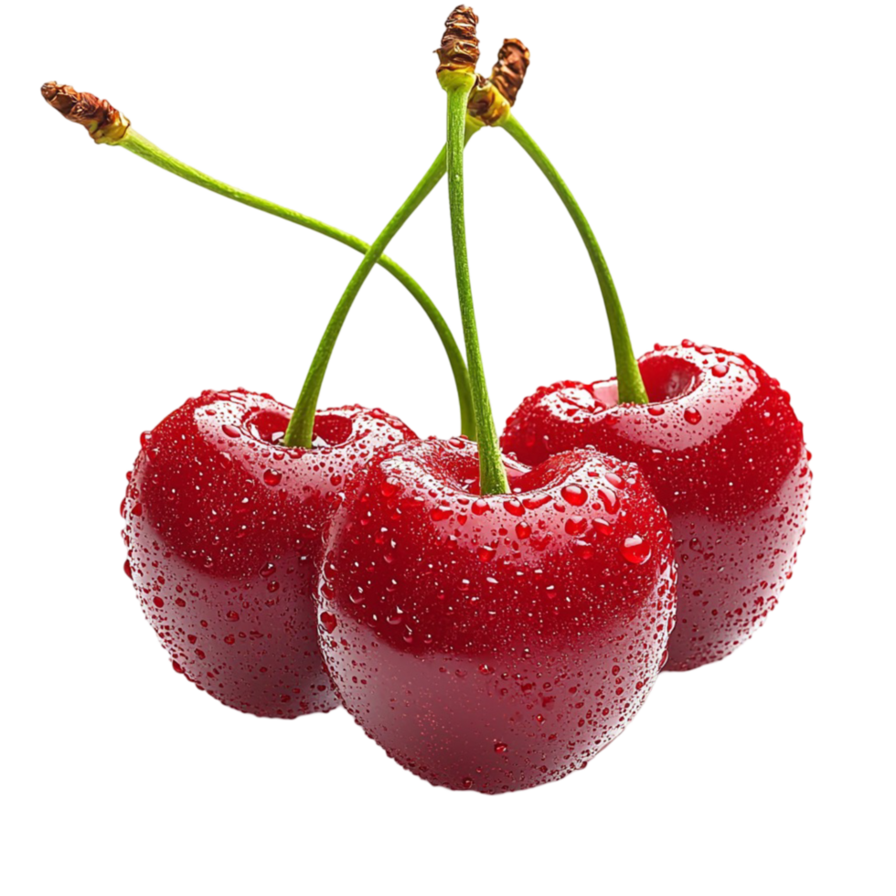 Cluster of red cherrie with green stems and water droplets png
