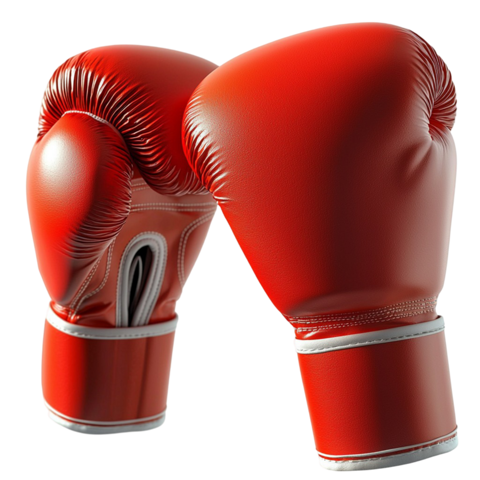 Pair of red boxing gloves with thick padding and a glossy surface png