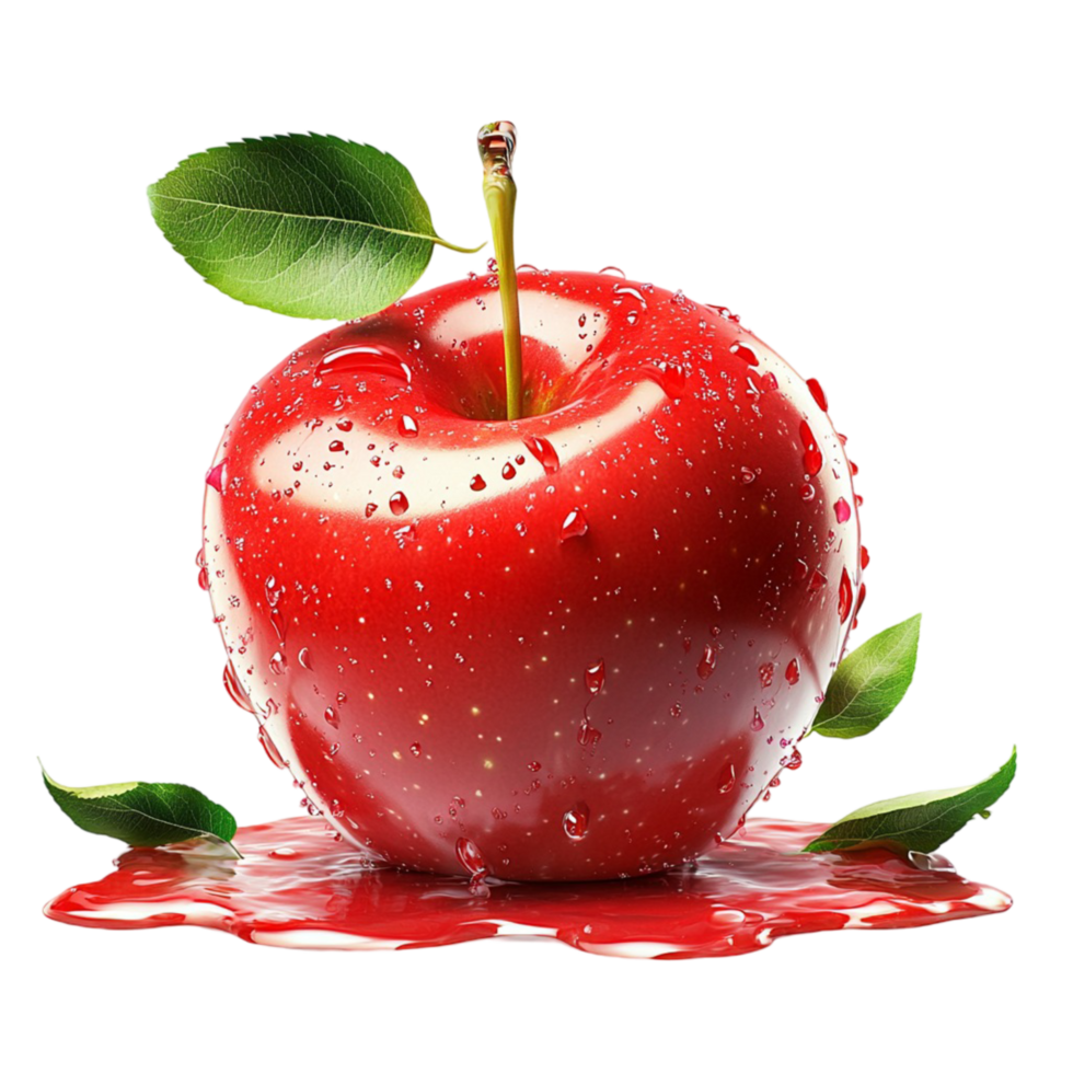 Red apple covered in dripping red with green leaves png