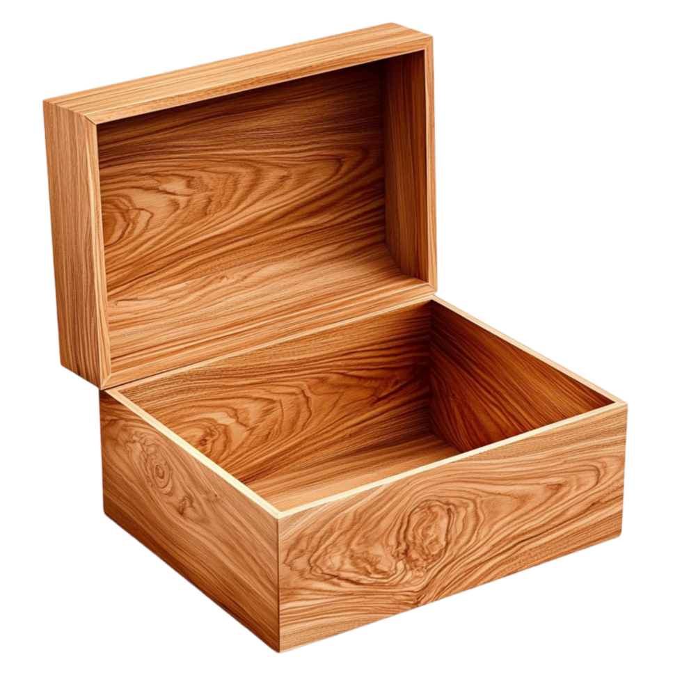 Open wooden box with polished surfaces and natural grain png