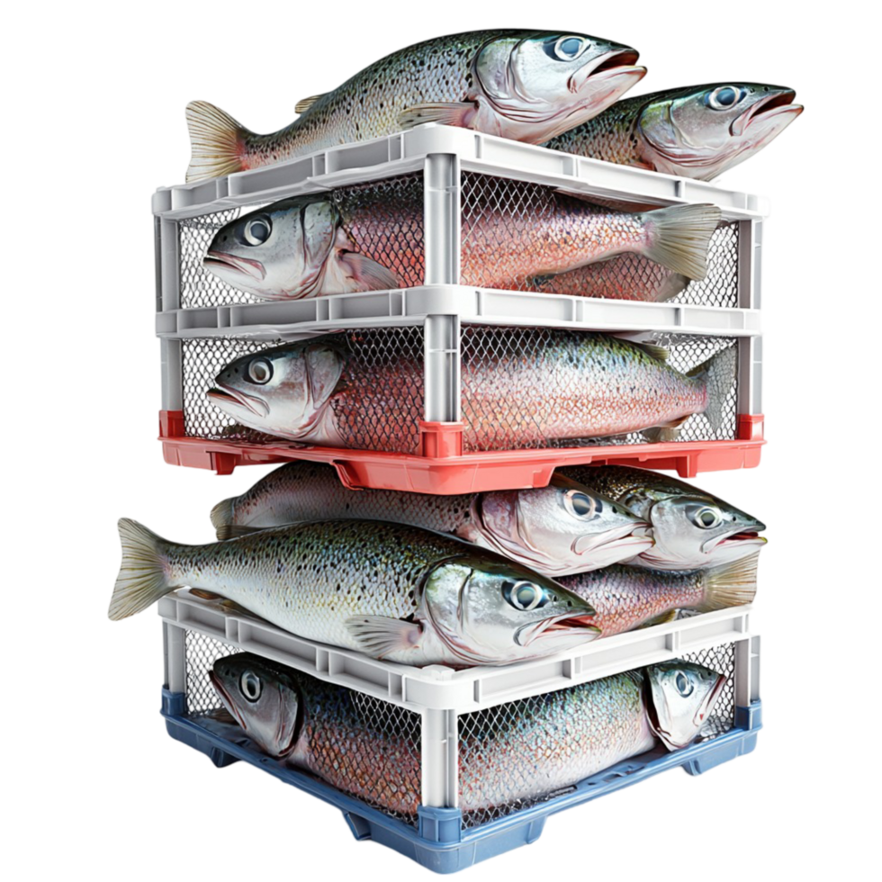 Stack of fish in plastic crates with silvery scales and ice png