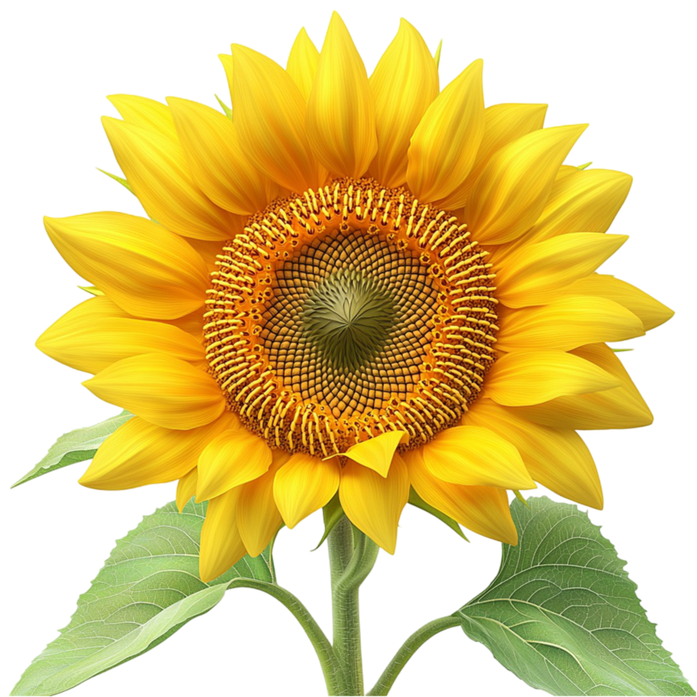 yellow sunflower with green leaves and a detailed seed pattern png